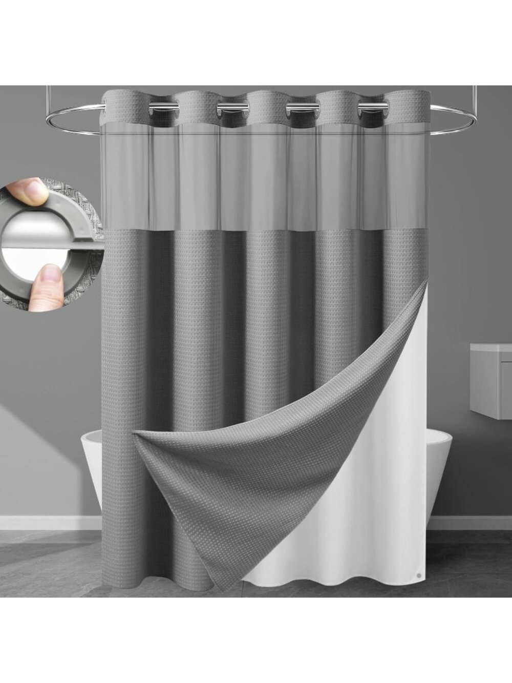New 256GSM Heavyweight Ringless Waffle Shower Curtain with Liner, 71x74, Grey